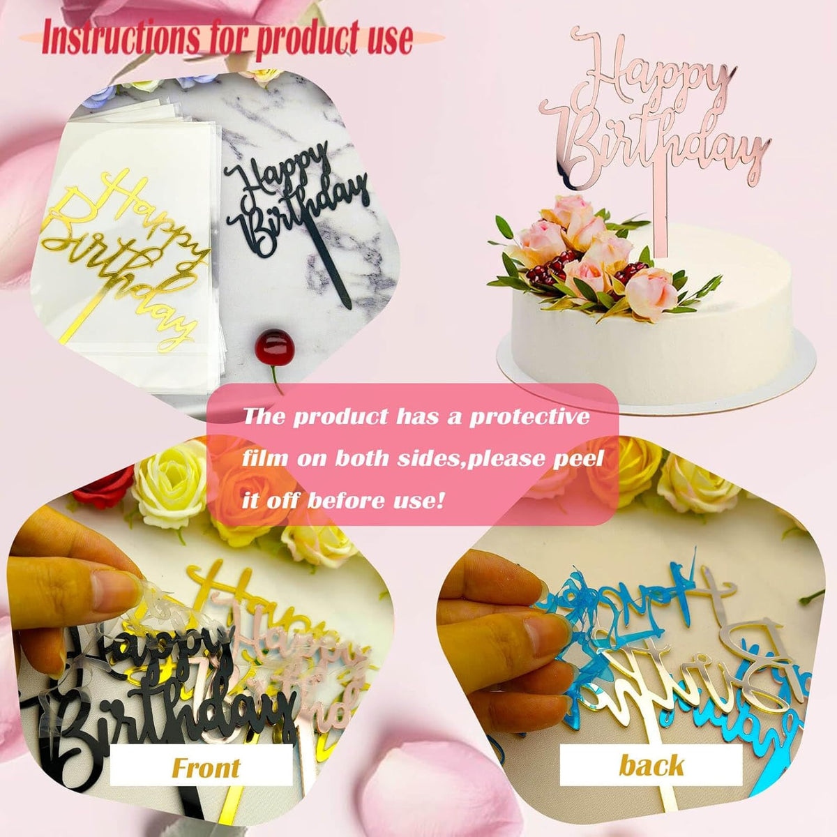 Happy Birthday Cake Toppers - 6 Pack (2 Styles, 3 Colors) Acrylic Cake Decorations for Women & Men