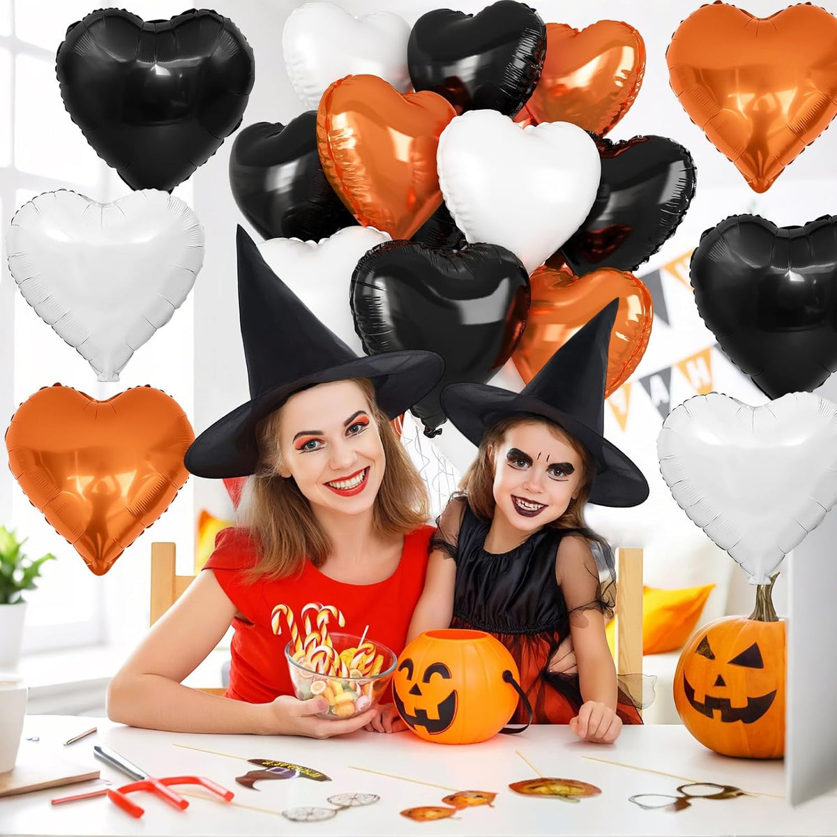 Black Orange Heart Balloons, 18 Inch Black White Orange Heart Foil Shape Balloon, 12PCS Large Love