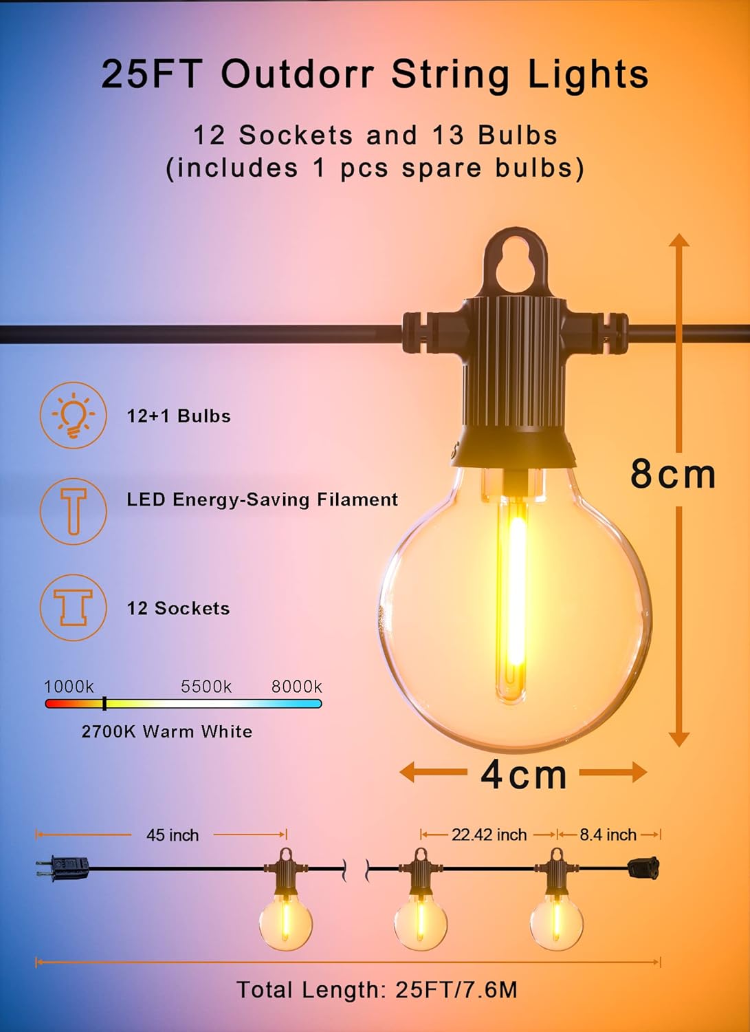 Outdoor String Lights, 25FT Patio Lights with 13 Shatterproof G40 Globe Bulb(1 Spare), Waterproof