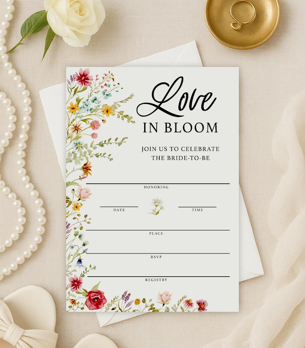 Printed Party Bridal Shower Invitations and Envelopes, Wildflower Theme, Love In Bloom Design, Set