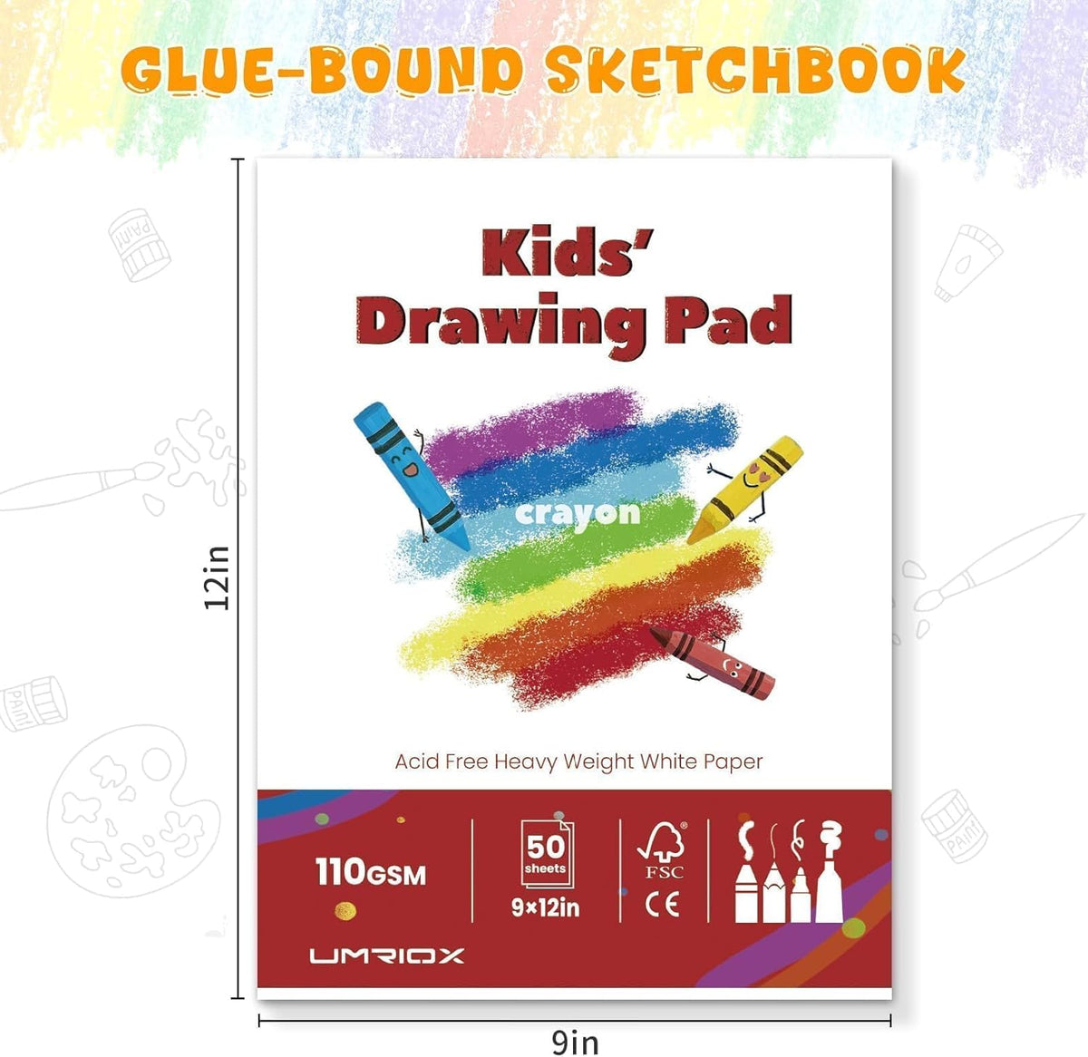 Umriox Drawing Pad for Kids, 9" x 12" Sketch Book, 4-Pack Sketch Pad (50 Sheets Each), 110gsm