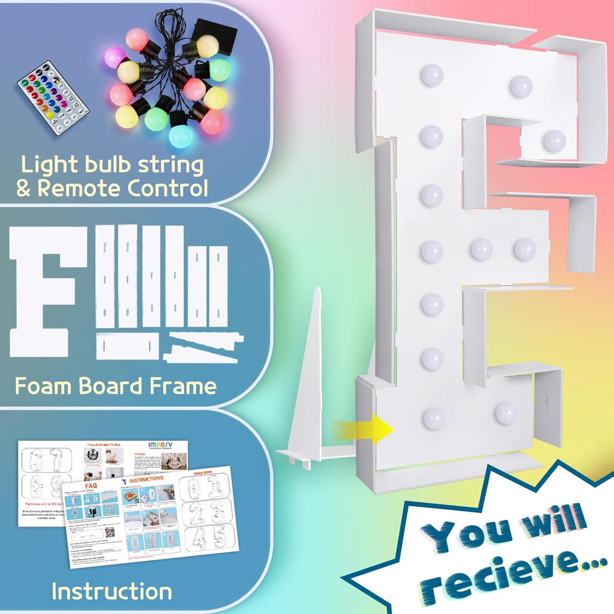 imprsv 4FT Colorful Marquee Light Up Letters F, 18 Colors Light Up Letters Alphabet Sign with