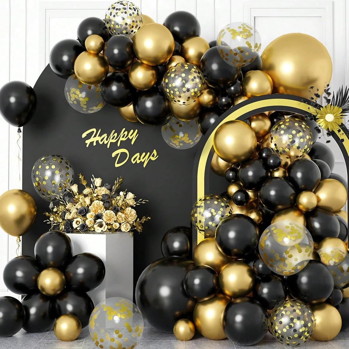 Patimate Black Gold Confetti Balloons Set, 50 pcs 12 inch Metallic Gold Black Confetti Latex