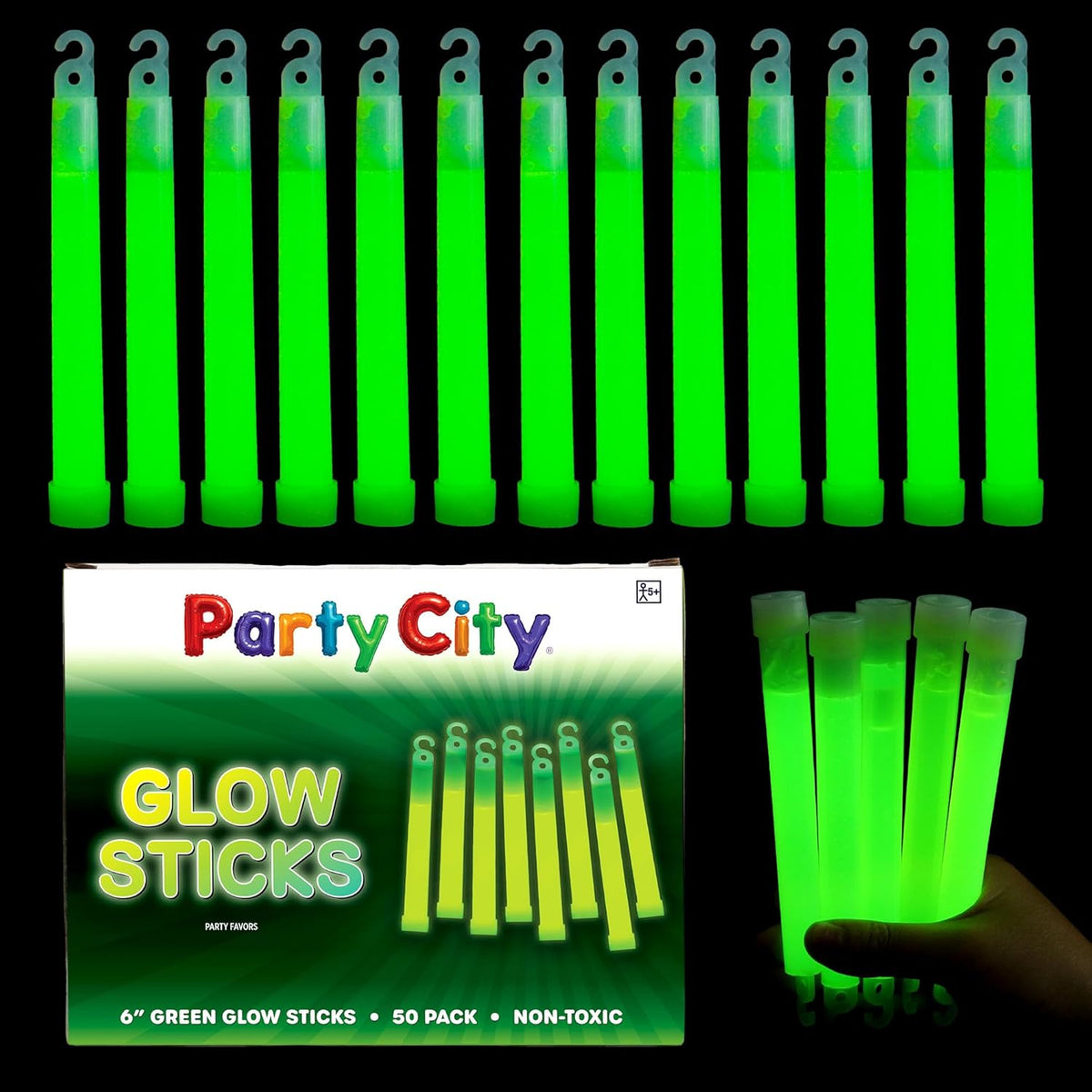 Party City Green Glow Sticks Bulk Pack 6”- 50pk Glow in the Dark Sticks for Kids, Waterproof