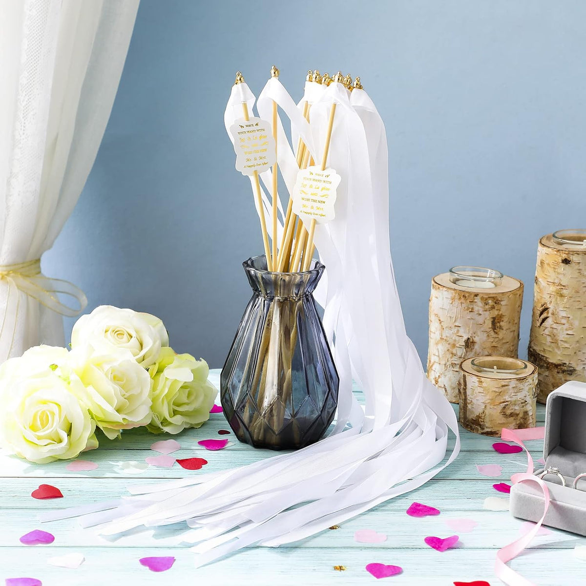 Junkin 100 Pcs Wedding Wands Streamers with Bells Set, 50 White Wedding Send Off Ribbon Streamers