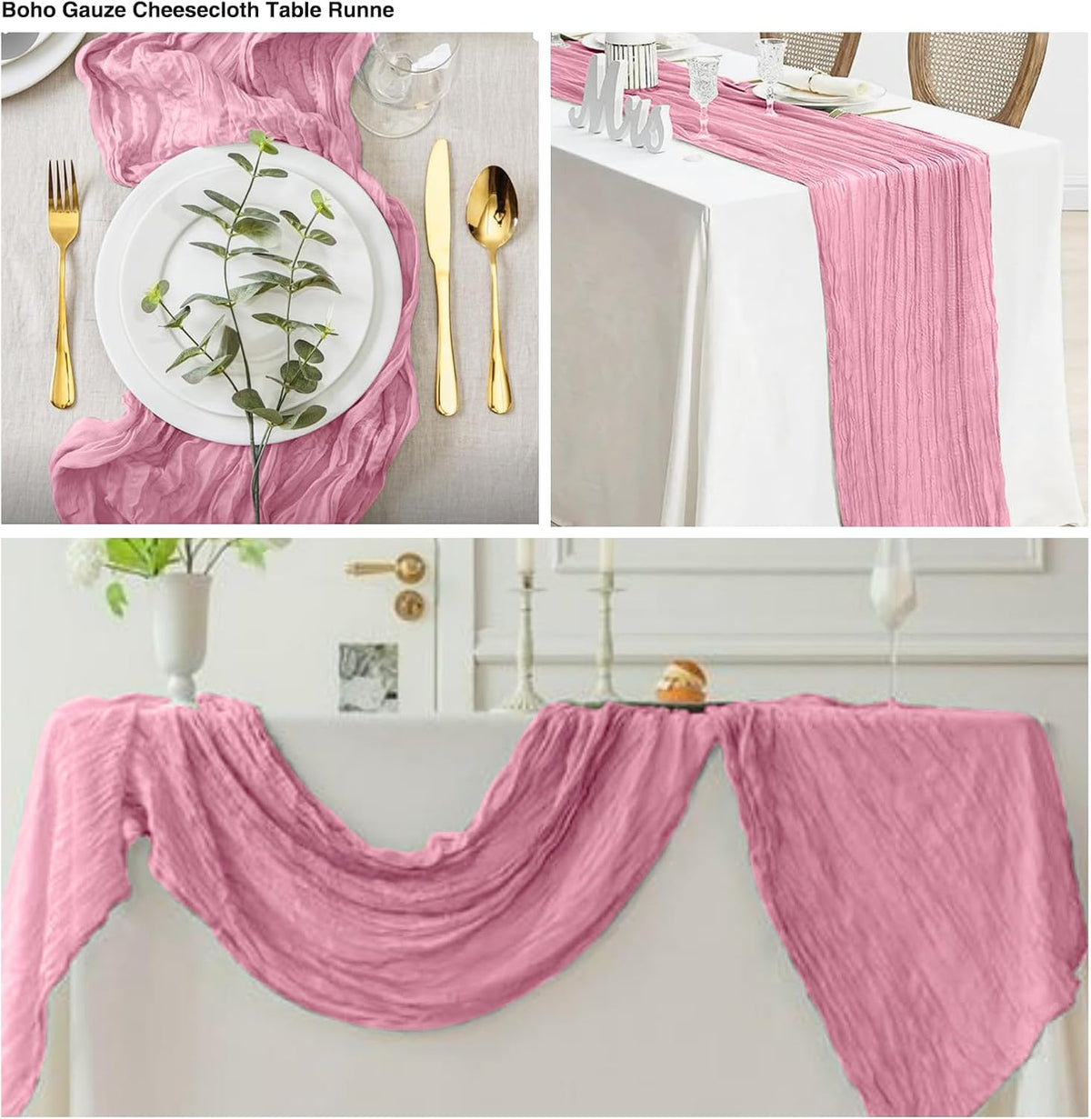 6 Pack Dusty Rose Cheesecloth Table Runner 20x120 Inch Boho Wrinkled Sheer Romantic Gauze Decor for