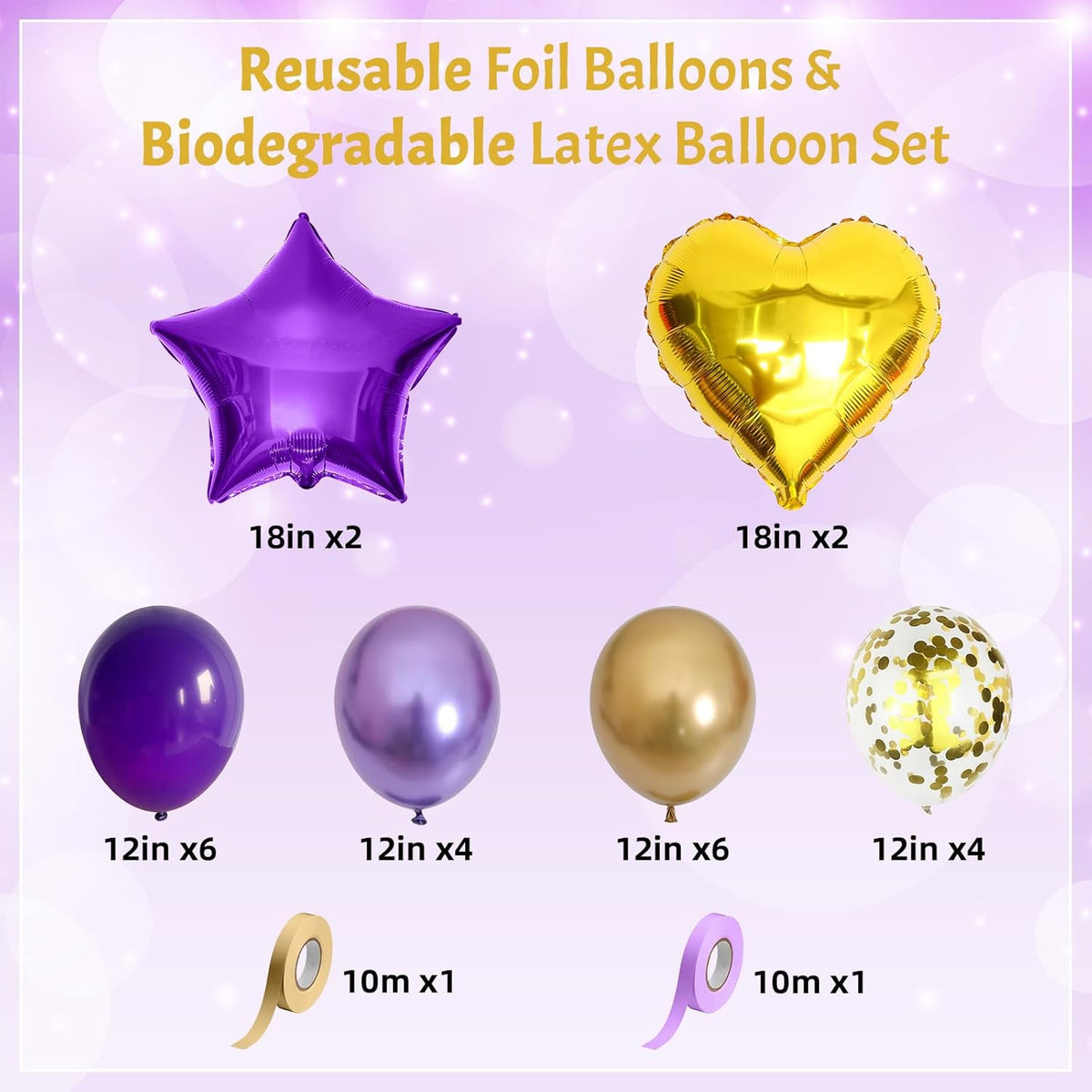 Purple and Gold Balloons Heart Star Mylar Balloon, Metallic Royal Dark Purple and Gold Party