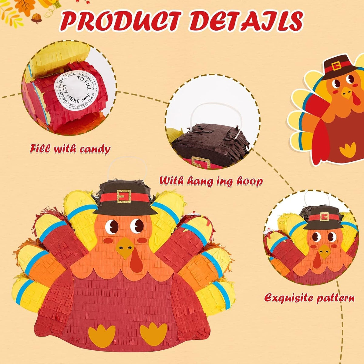 WERNNSAI Thanksgiving Turkey Pinata - Fall Decorations Red Turkey Pinata Thanksgiving Games for