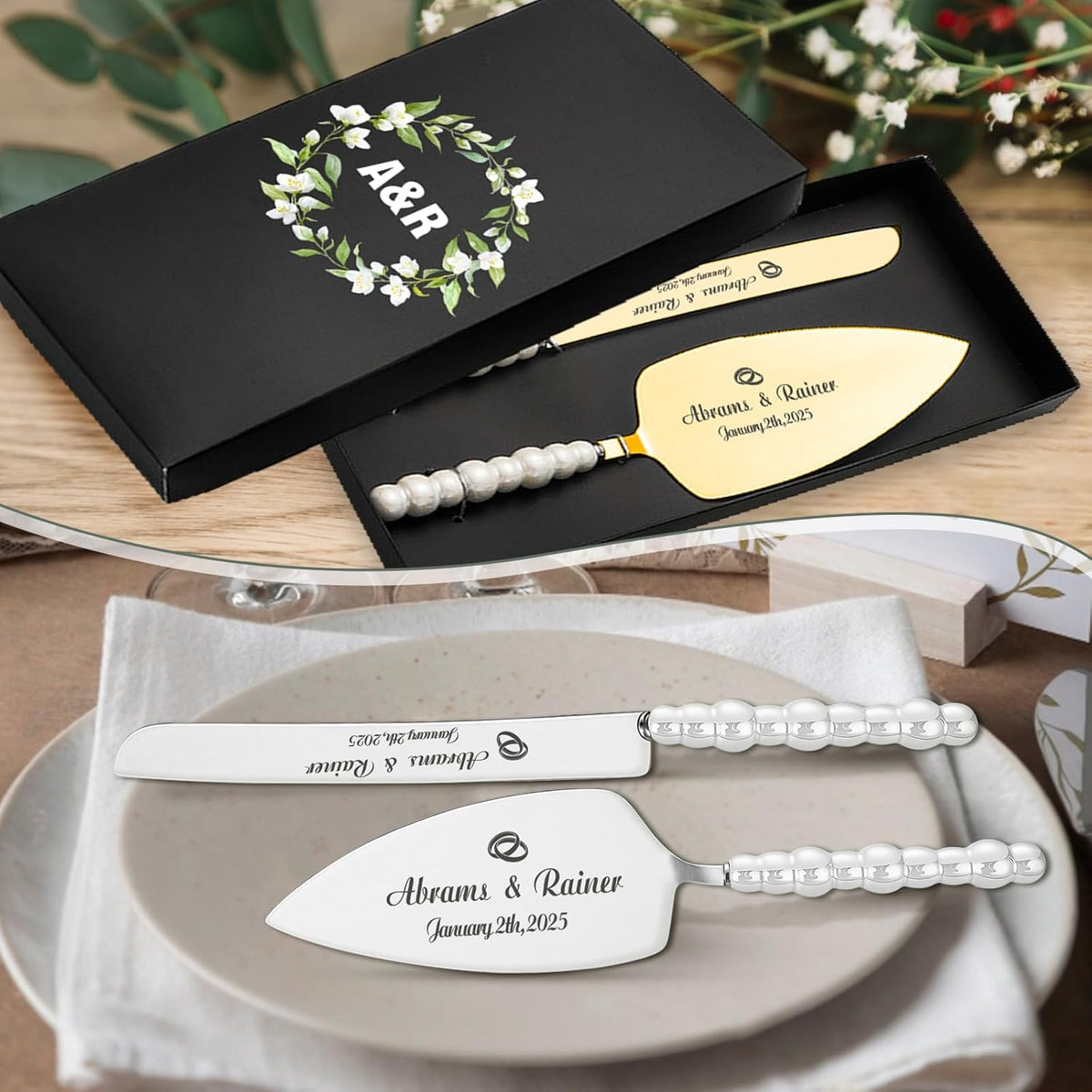 HJX Personalized Wedding Cake Knife and Server Set - Custom Name Engraved Cutting Set with Elegant