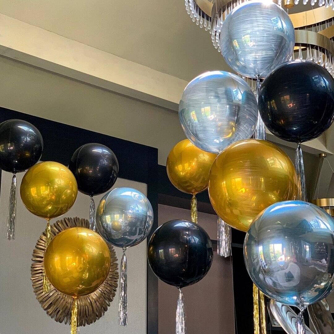 6 Pack Black 22 Inch 4D Foil Balloons Big 360 Degree Round Sephere Mylar Balloons Mirror Finish