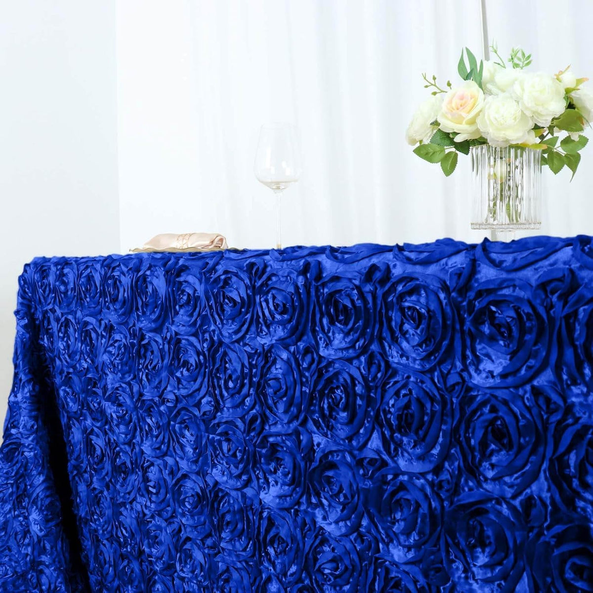 Efavormart 90"x156" Wholesale Rectangle Table Cover Royal Blue Grandiose Rosette 3D Satin