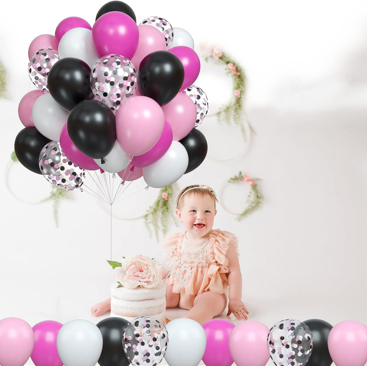 Balloons Black and Pink, Pack of 60 Hot Pink Black White Latex Balloon and Confetti Balloons, Rose