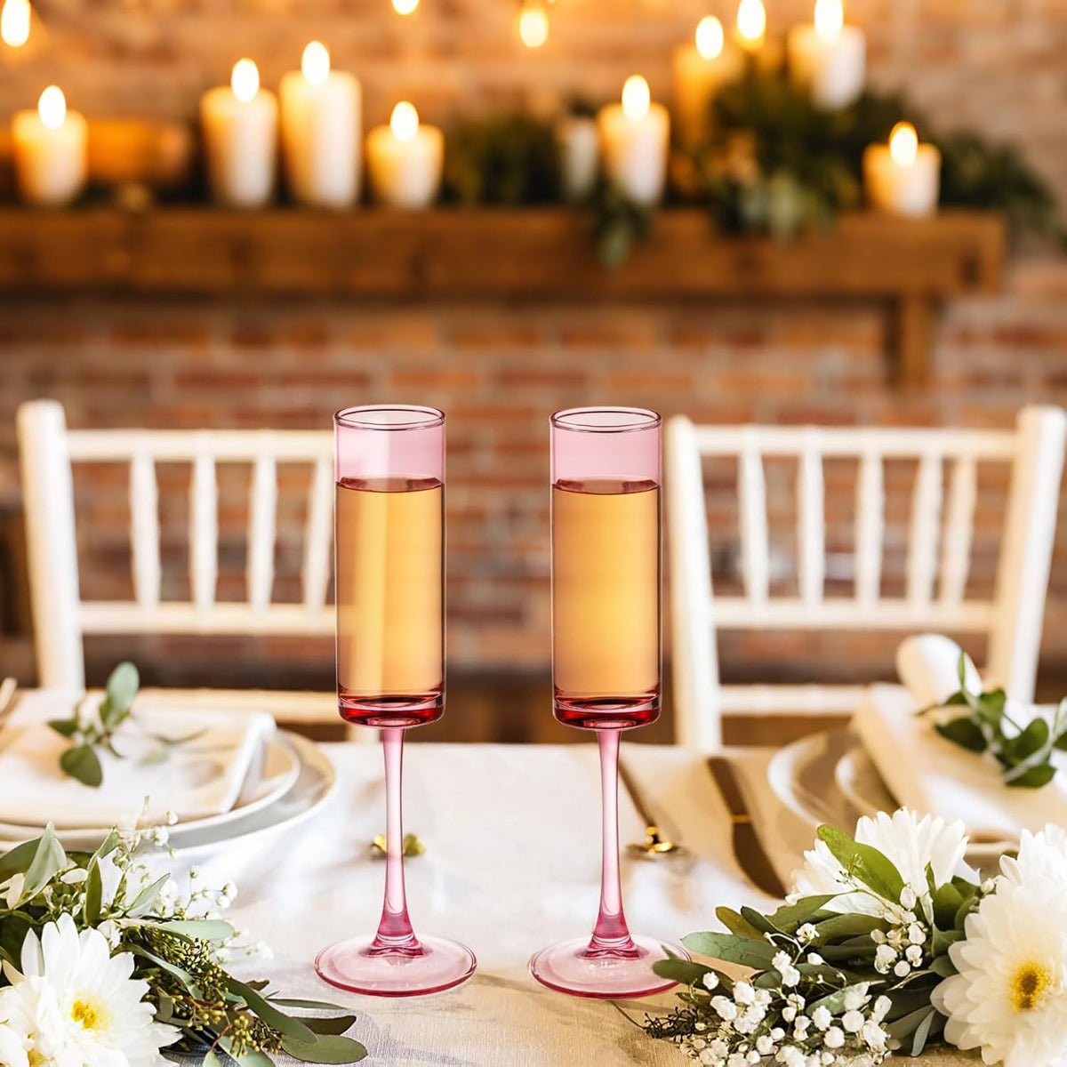 6 Pieces Pink Champagne Flutes 6 OZ Straight Sided Wine Glasses Champagne Long Stem Drinking