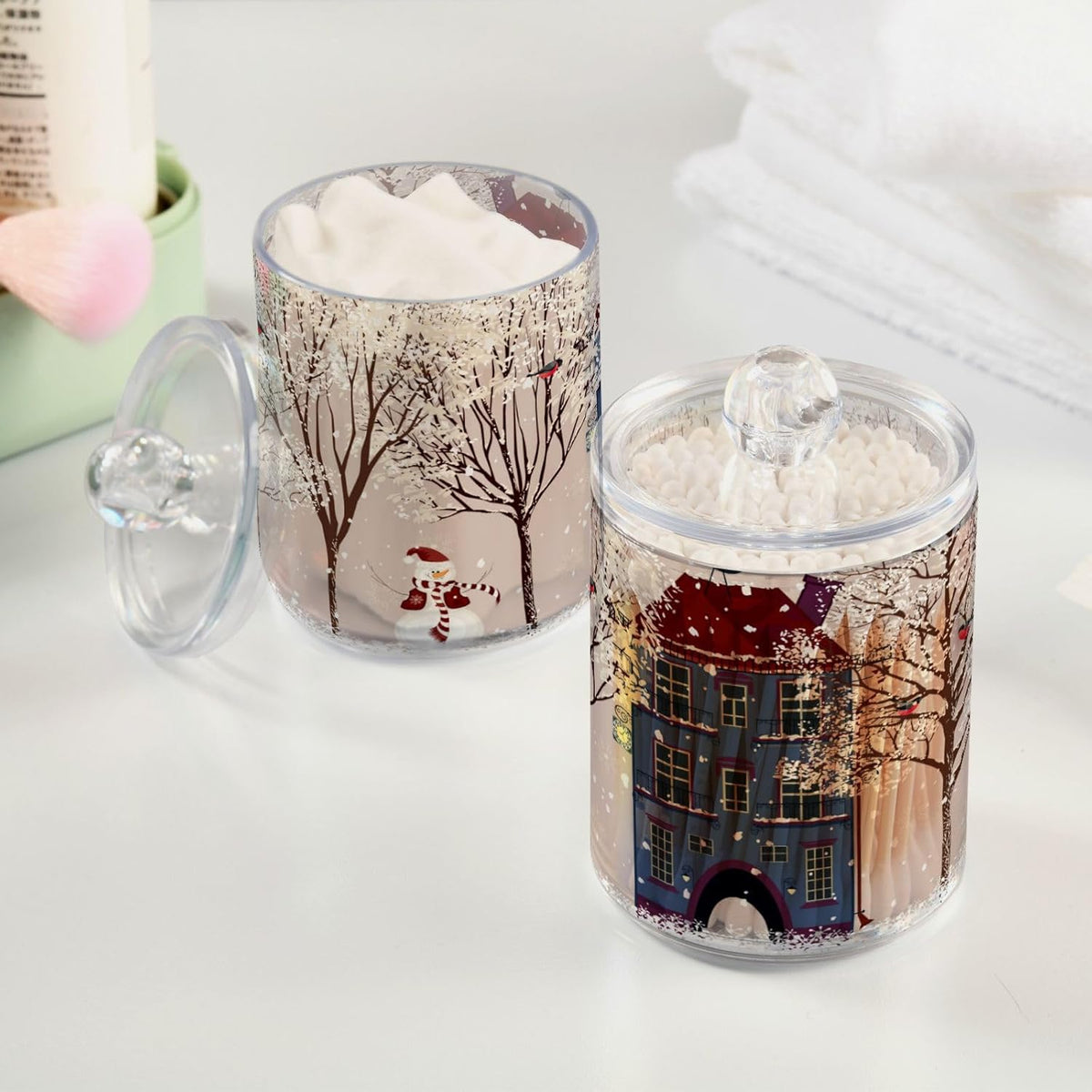 Christmas Winter Qtip Holder Dispenser 4 Pack Snowmen Snow Courtyard with Trees Apothecary Jars