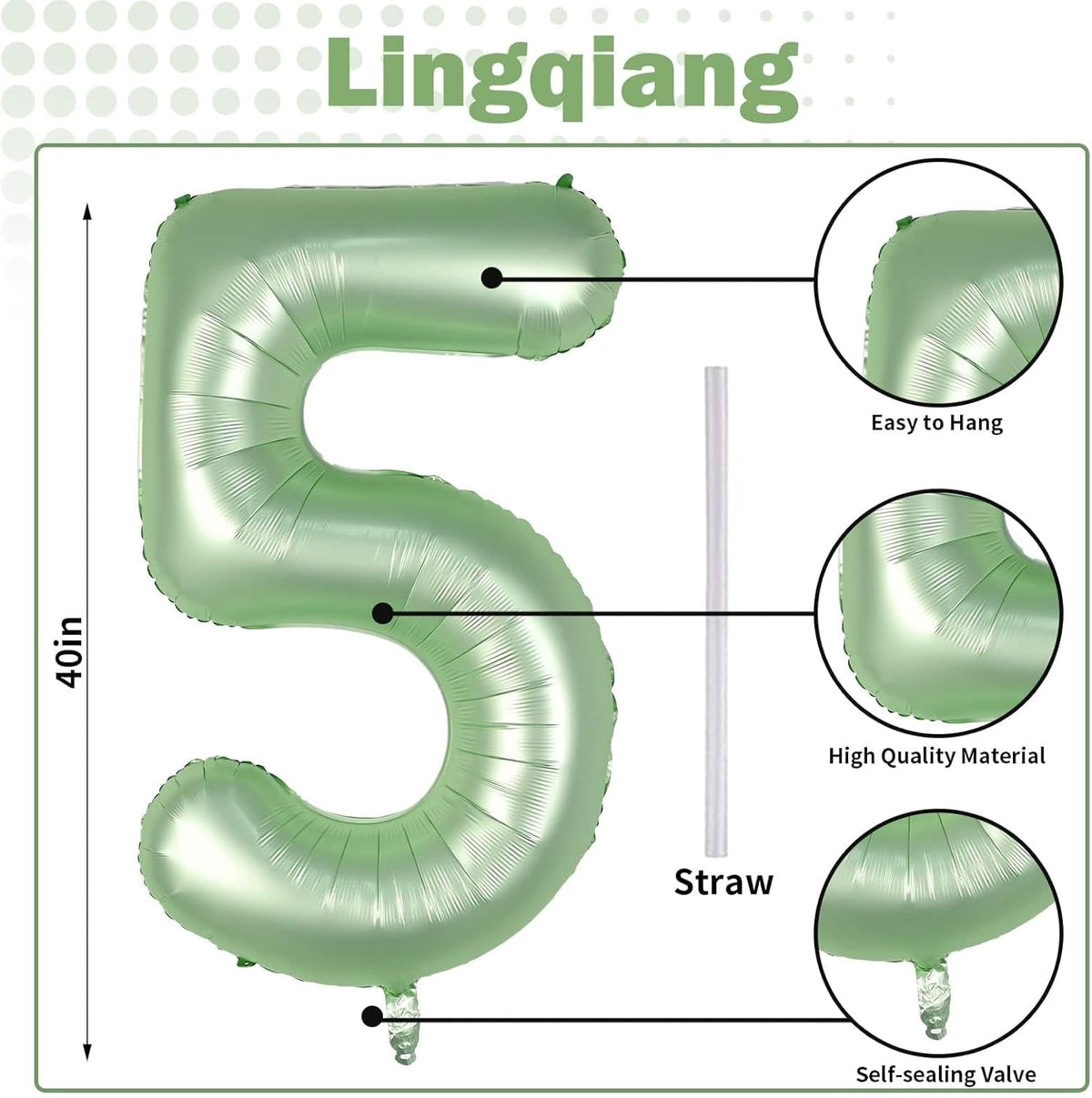 Sage Green 5 Balloons, 40" Giant Helium Foil Number 0-9 Olive Green Birthday Balloon for Boys