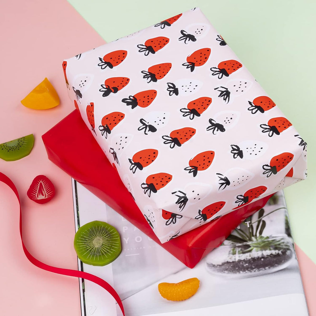 WRAPAHOLIC Reversible Strawberry Wrapping Paper - Mini Roll - 17 Inch X 33 Feet - Sweet Strawberry