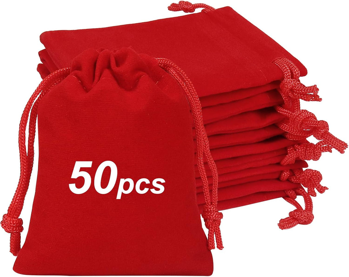 Shintop 50pcs Little velvet bags, 3x4inch Red Drawstring Gift Bags Small Jewelry pouches Coin Purse