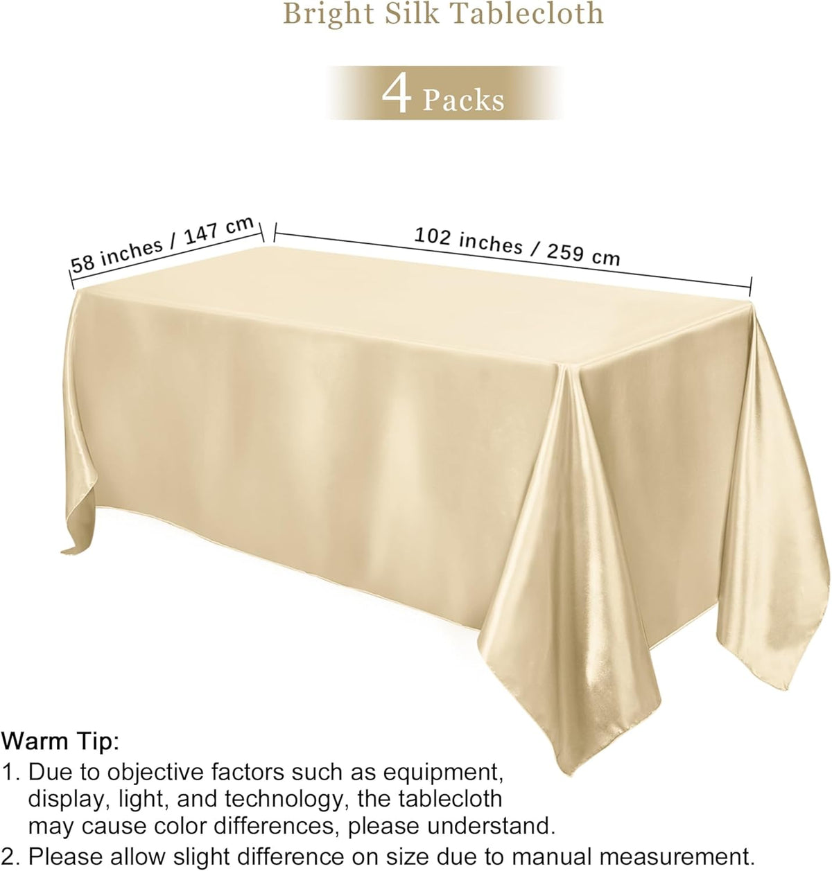 TURSTIN 4 Packs Champagne Satin Tablecloth 102 x 58 Inch Overlay Satin Table Cover Rectangle Bright