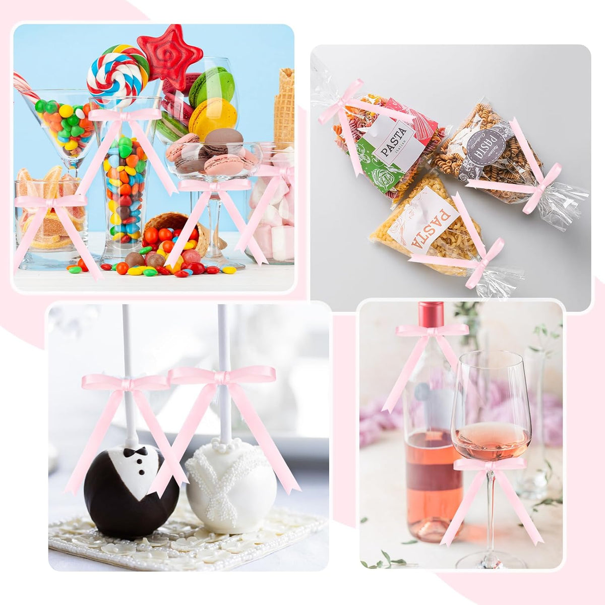 Riceshoot 50 Pcs Twist Tie Bows for Cake 3x4.5 Inch Satin Ribbon Bows for Gift Wrapping Treat Bags