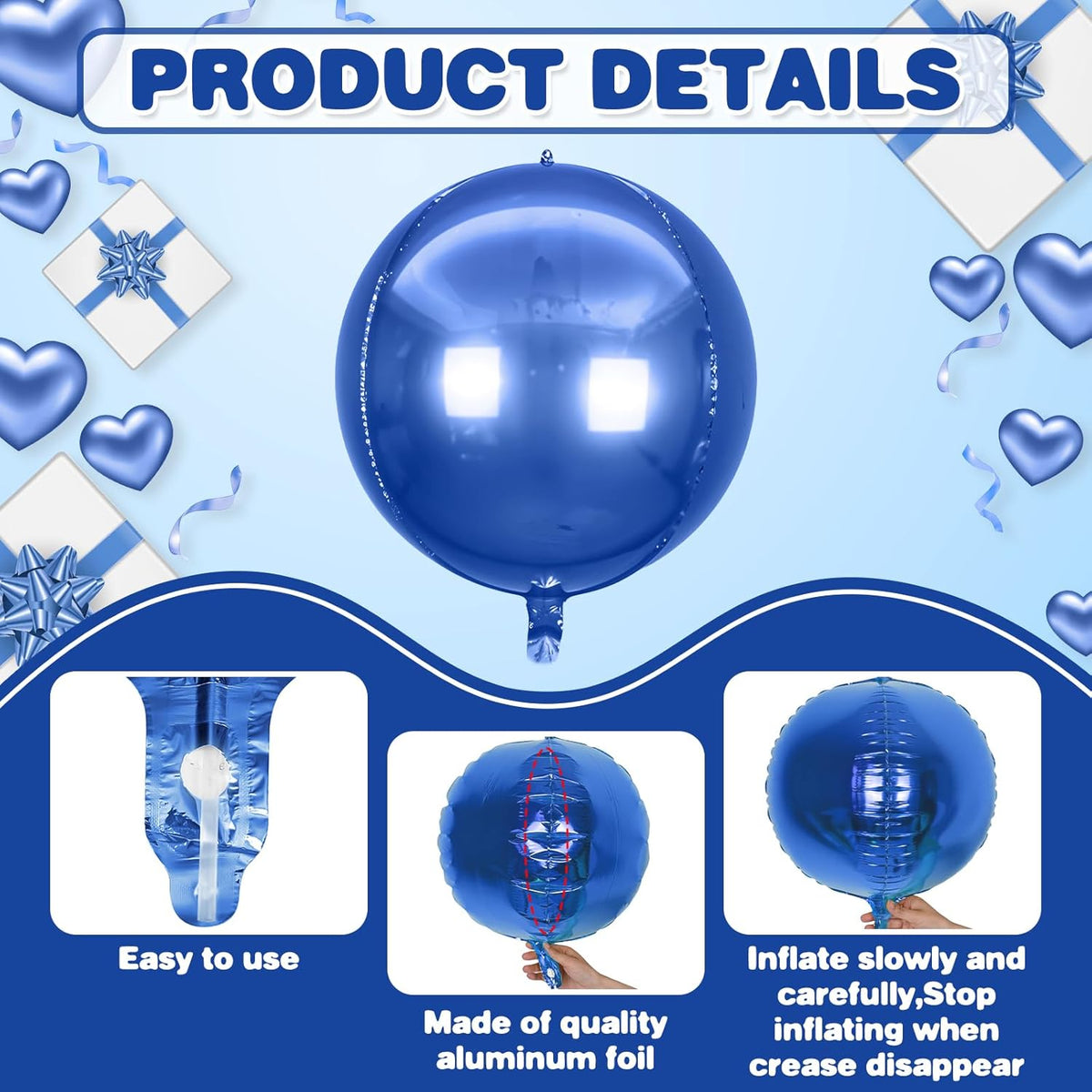 6Pcs Royal Blue Round Foil Balloons,Giant 4D Round Ball Balloons,22 Inch Metallic Blue Balloon for