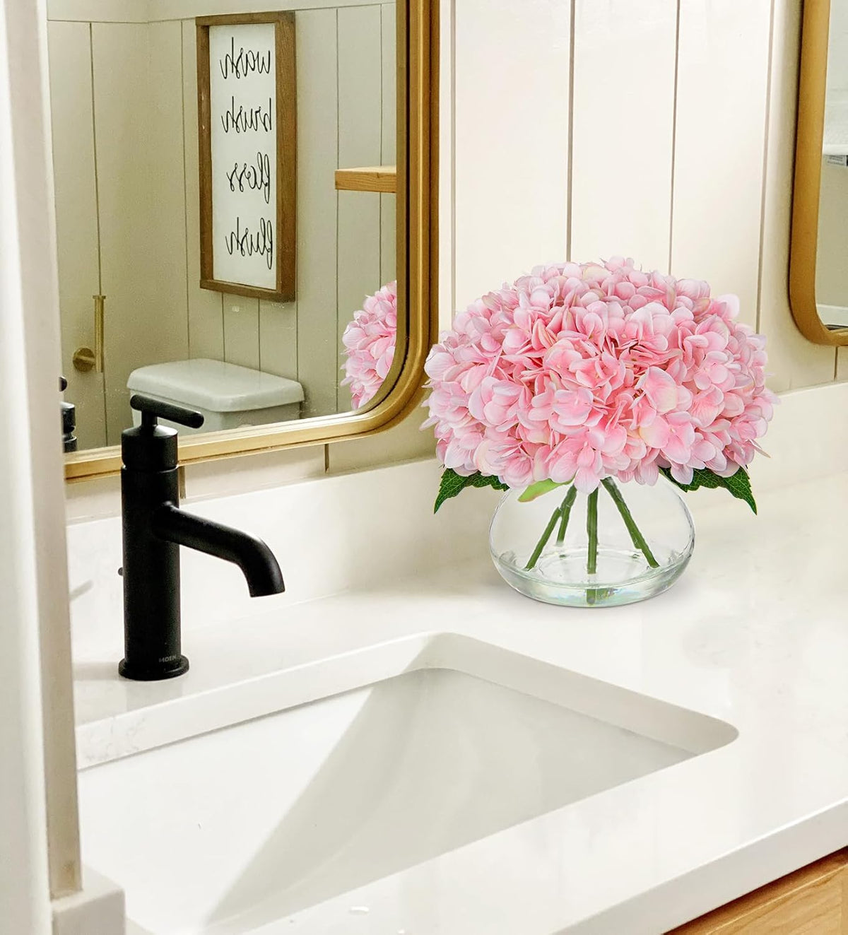 Hollyone Hydrangea Artificial Flowers with Glass Vase Pink Silk Faux Flowers Arrangements with