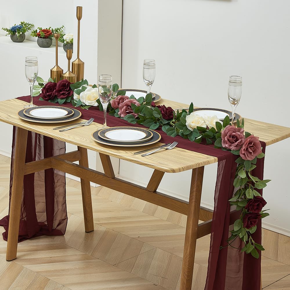 Burgundy Artificial Rose Garlands Rose Vines Leaves Banners Hanging Floral Garland Fake Rose Flower