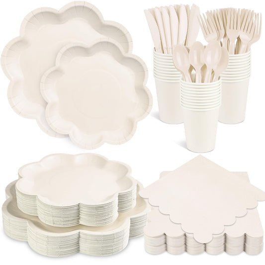 350 Pcs Party Plates and Cups and Napkins Ivory Scalloped Tableware Set