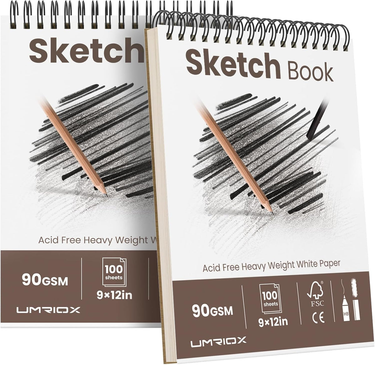Umriox 9" x 12" Sketch Book, 2-Pack Sketch Pad (100 Sheets Each), Top Spiral Bound Sketchbook