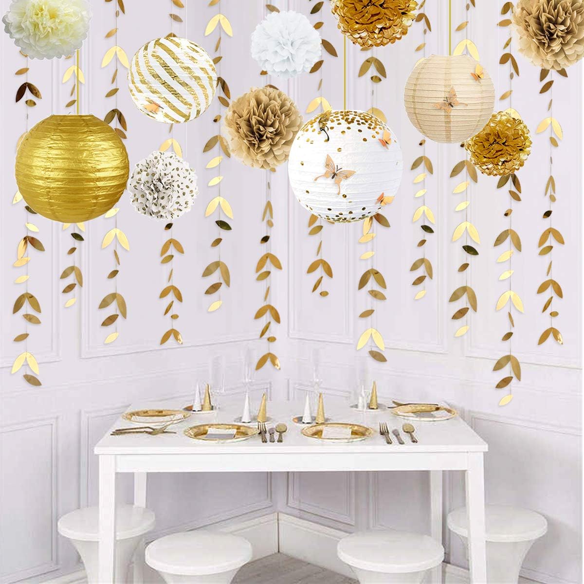White and Gold Party Decoration Kit Lanterns Flowers Pom Pom with Gold 3D Butterfly Stickers and