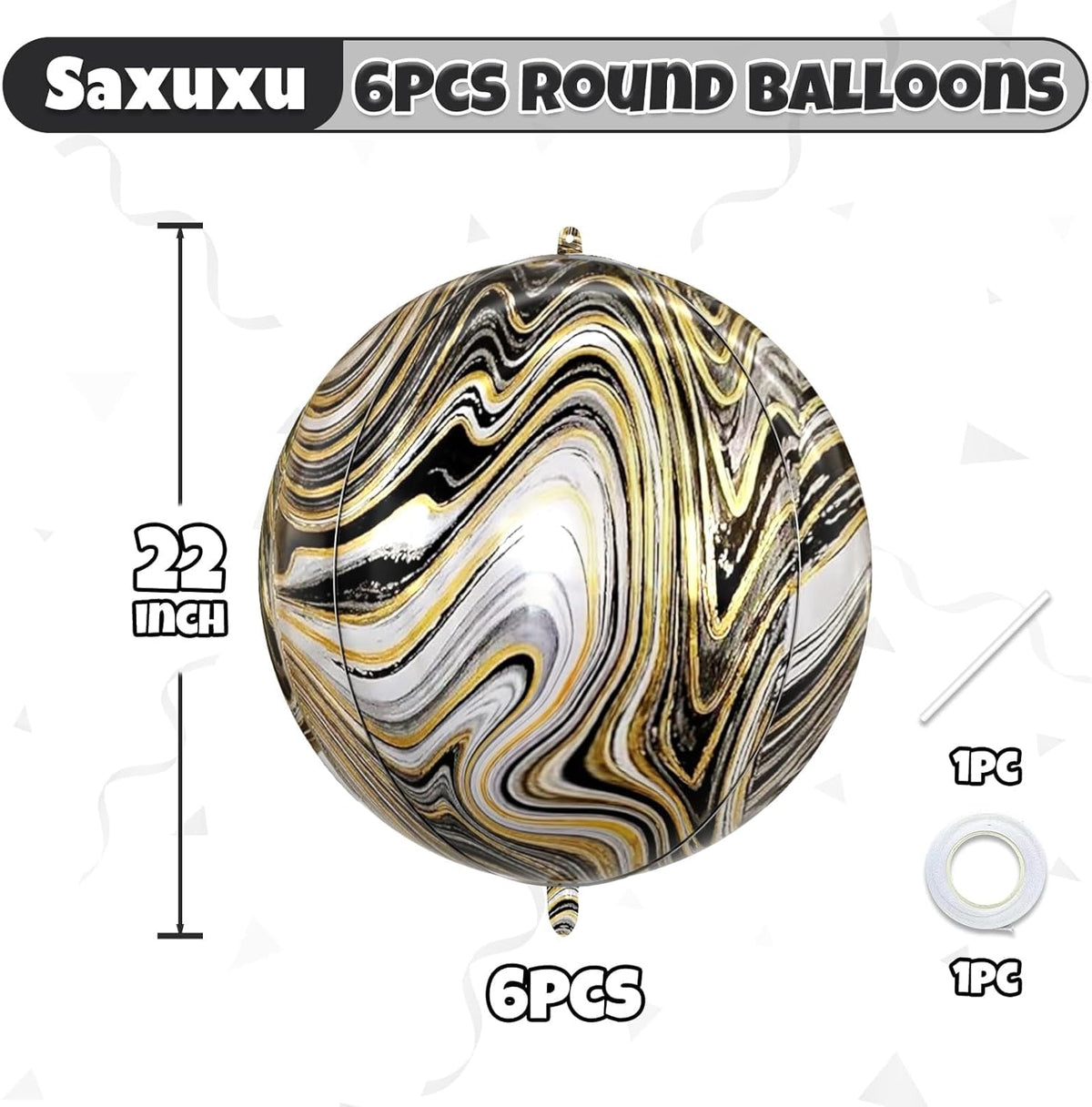 6 Pcs Black Gold and White Balloons, Saxuxu Black and Gold Balloons, 22 Inch Big Round Foil Balloon