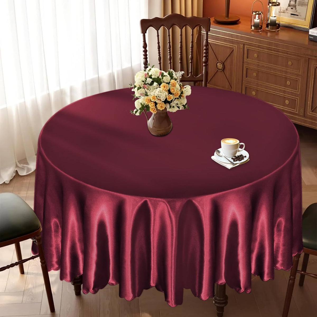 KKJIAF 1 Pack 108 Inch Round Table Cloth, Burgundy Overlay Round Satin Table Cover, Silky Satin