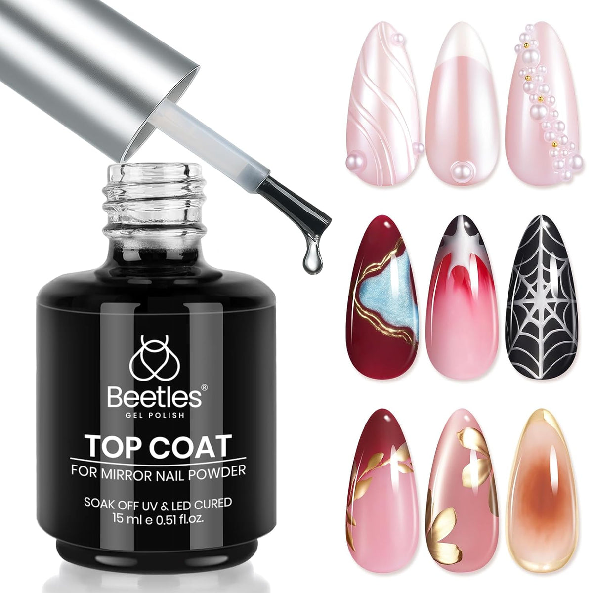 Beetles Halloween Gel Top Coat for Chrome Nail Powder: 15ml Mirror Shiny Chrome No Wipe Gloss Top
