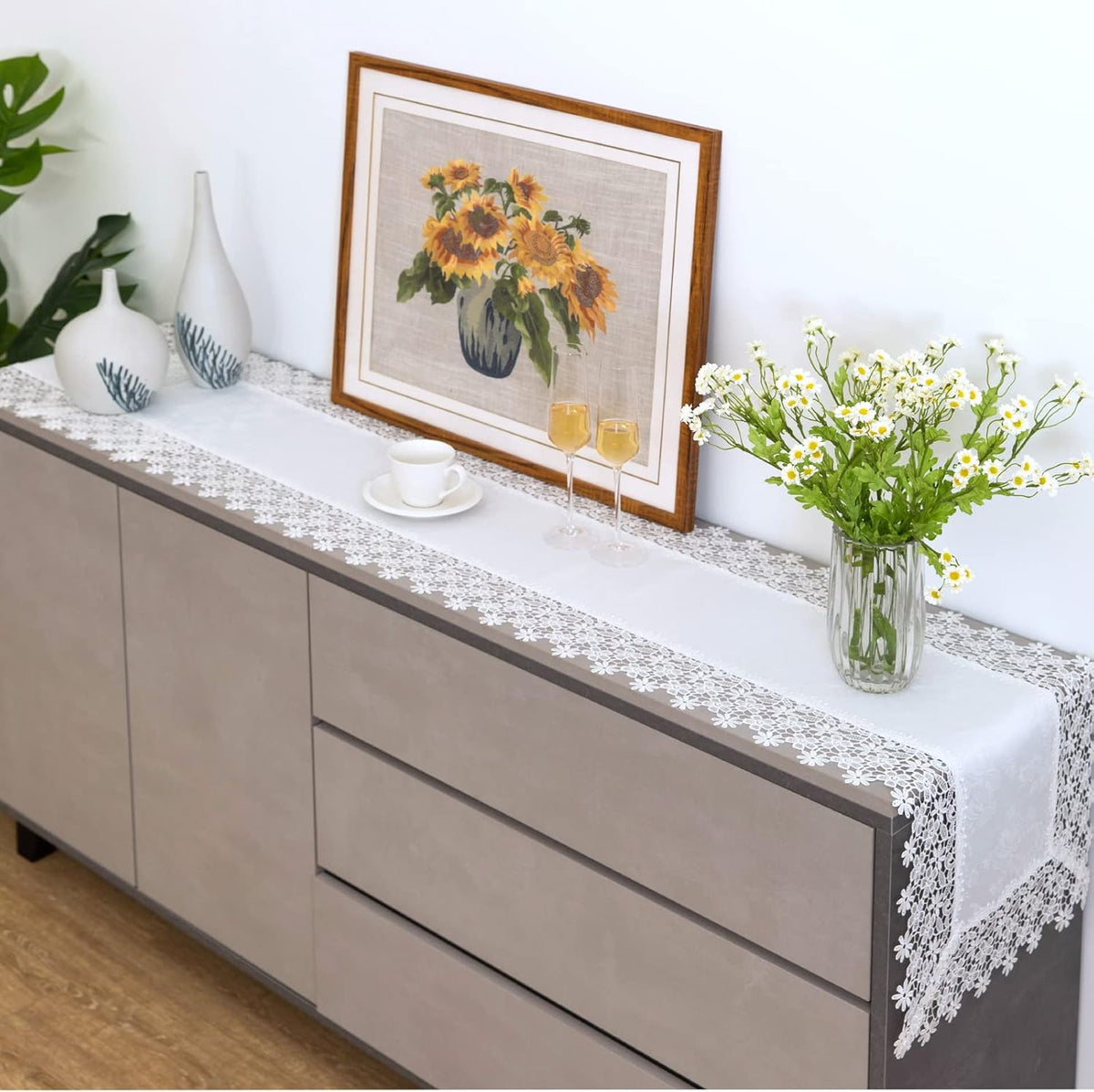 White lace Premium Rectangle Farmhouse Table Runner Waterproof OilProof SpillProof AntiShrink Soft
