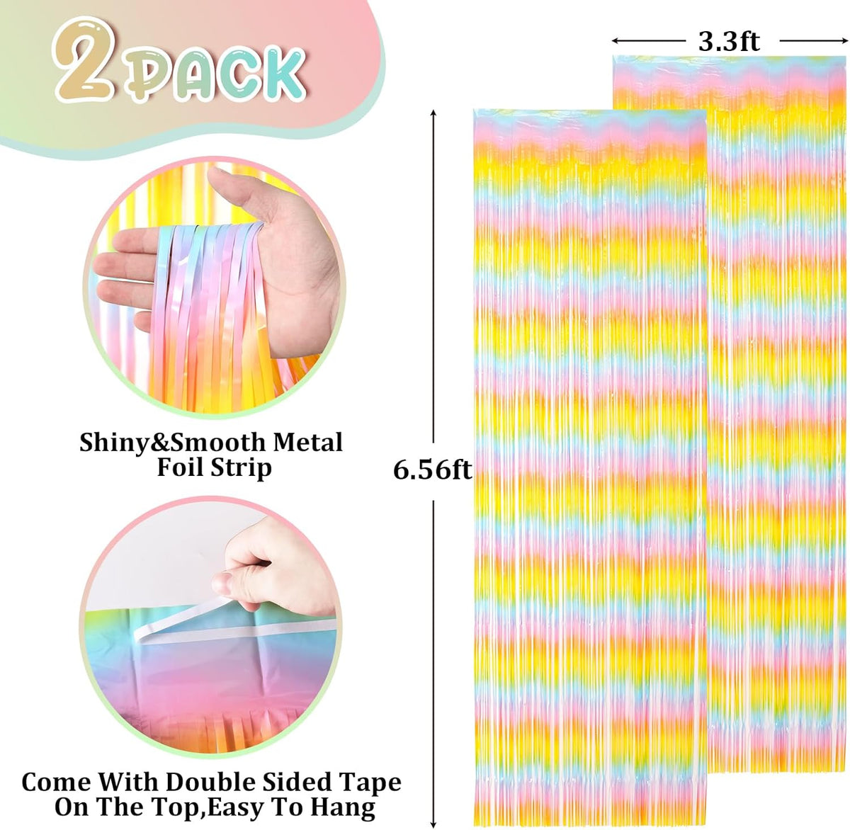 2 Pack Pastel Rainbow Foil Fringe Backdrop Curtains, Tinsel Streamers Birthday Party Decorations