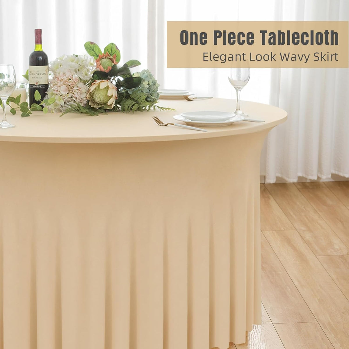 6 Pack Champagne Round Spandex Tablecloth 60 Inch, Wrinkle Free Stretch 120 Inch Fitted 5ft