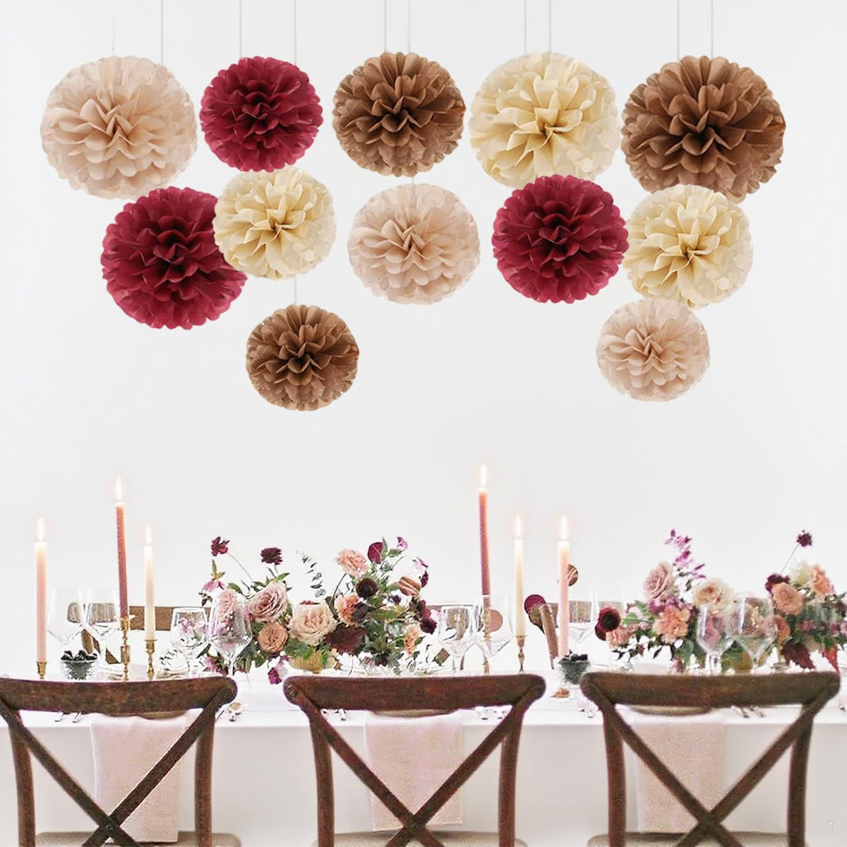 Capesaro Burgundy Beige 12PCS Paper Pom Poms Party Decorations for Engagement,Boho Wedding,Baby