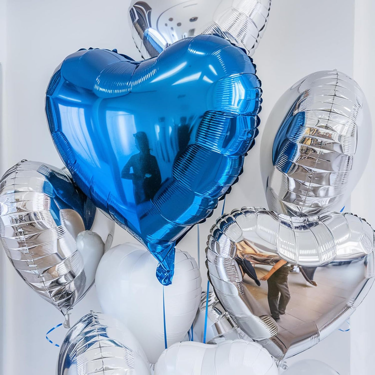 Blue Silver Heart Balloons, 18 Inch Royal Blue and Silver Heart Shape Balloons, 12PCS Helium Love