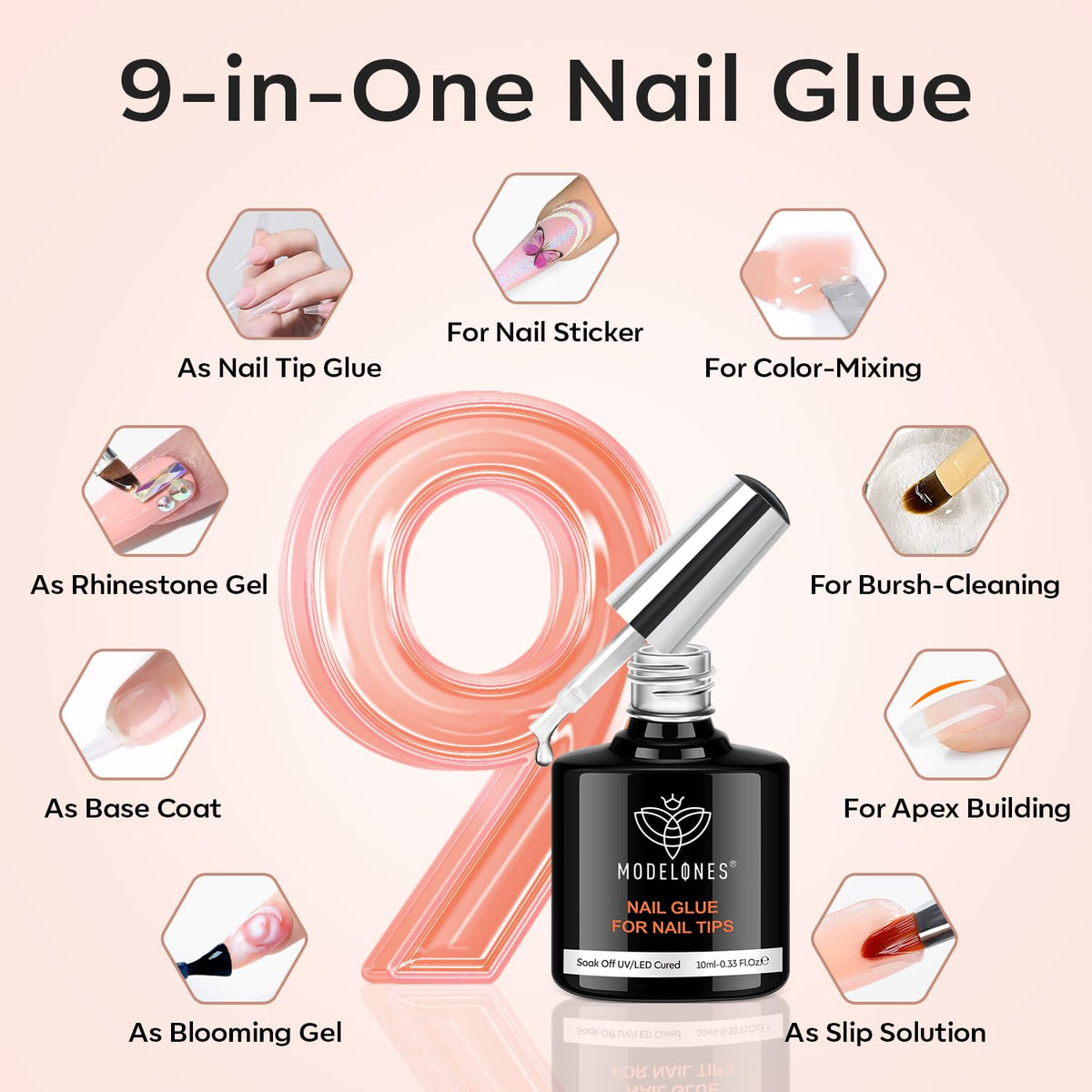 modelones Short Almond Gel Nail Tips Kit, 9-in-One Nail Glue with Portable U V Lamp 216Pcs 12Sizes