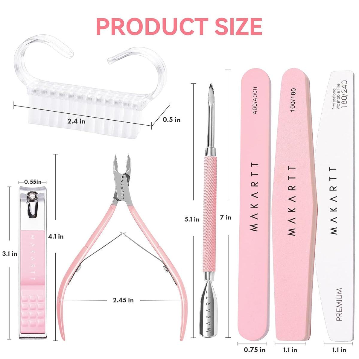 Makartt Nail File and Buffer Set, Pink Basic Prep Kit with Cuticle Clipper, Trimmer, Pusher, Brush