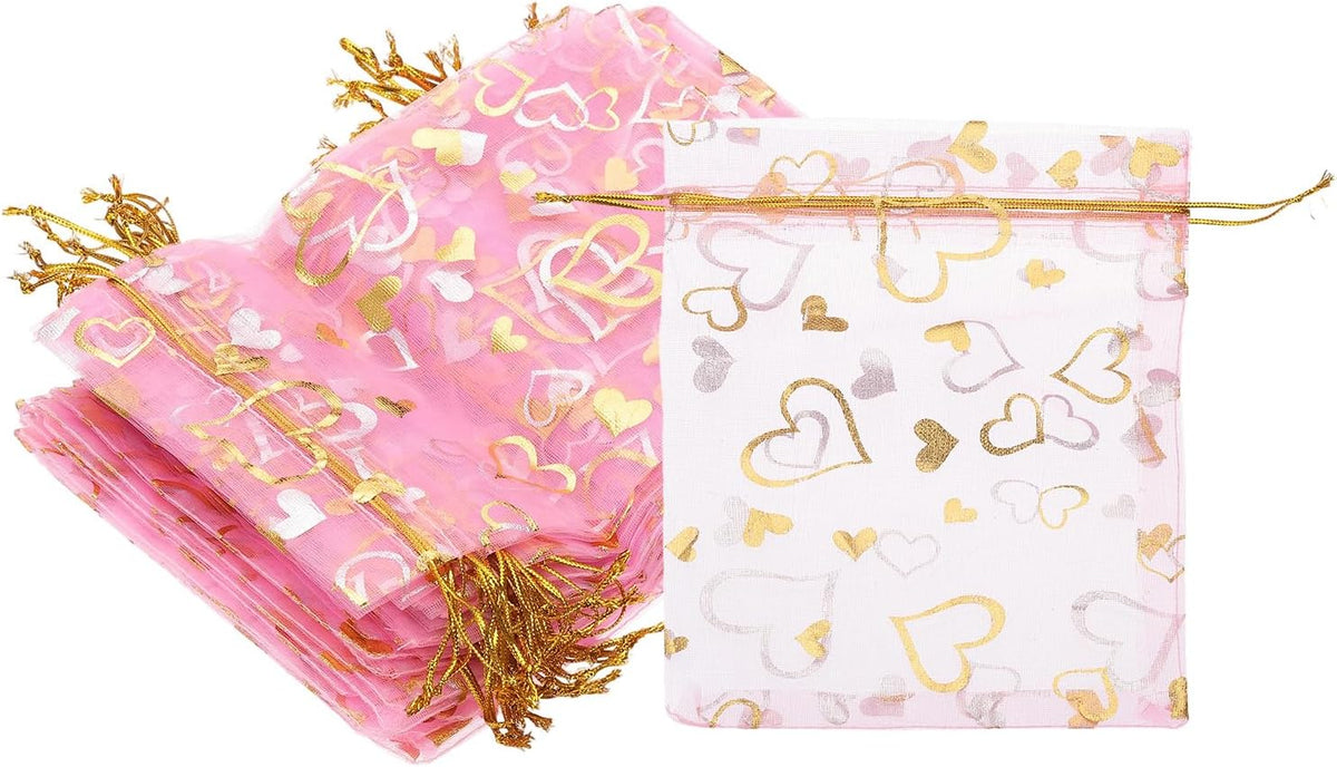 PATIKIL 100 Pcs 5x7 Inch Heart Printed Organza Bags, Pink Sheer Heart Organza Bags with Drawstring