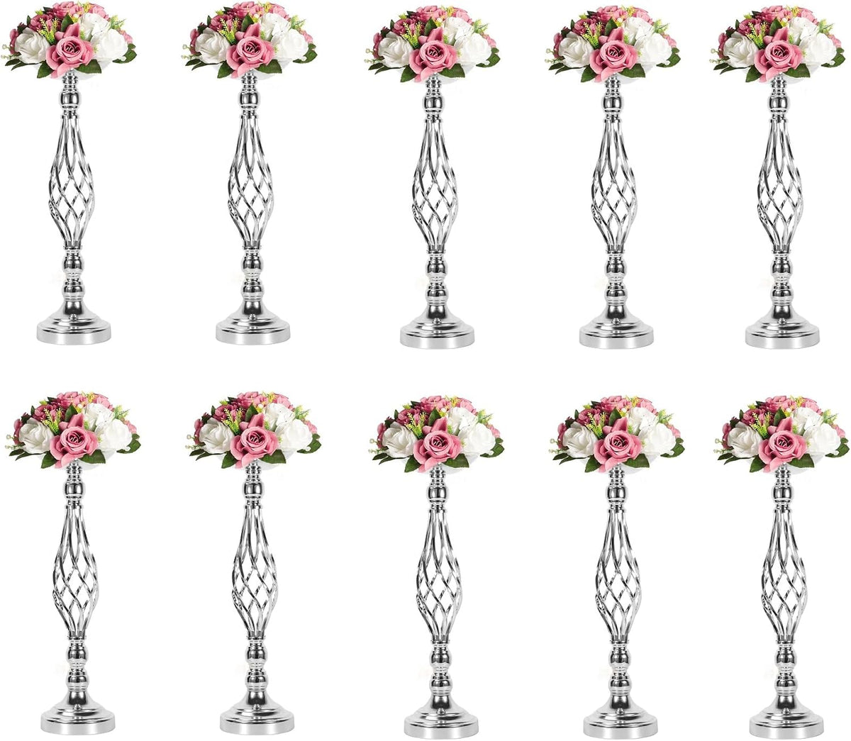 LANLONG 10pcs Metal Silver Candle Holders Road Lead Table Centerpiece Stand Pillar Candlestick for