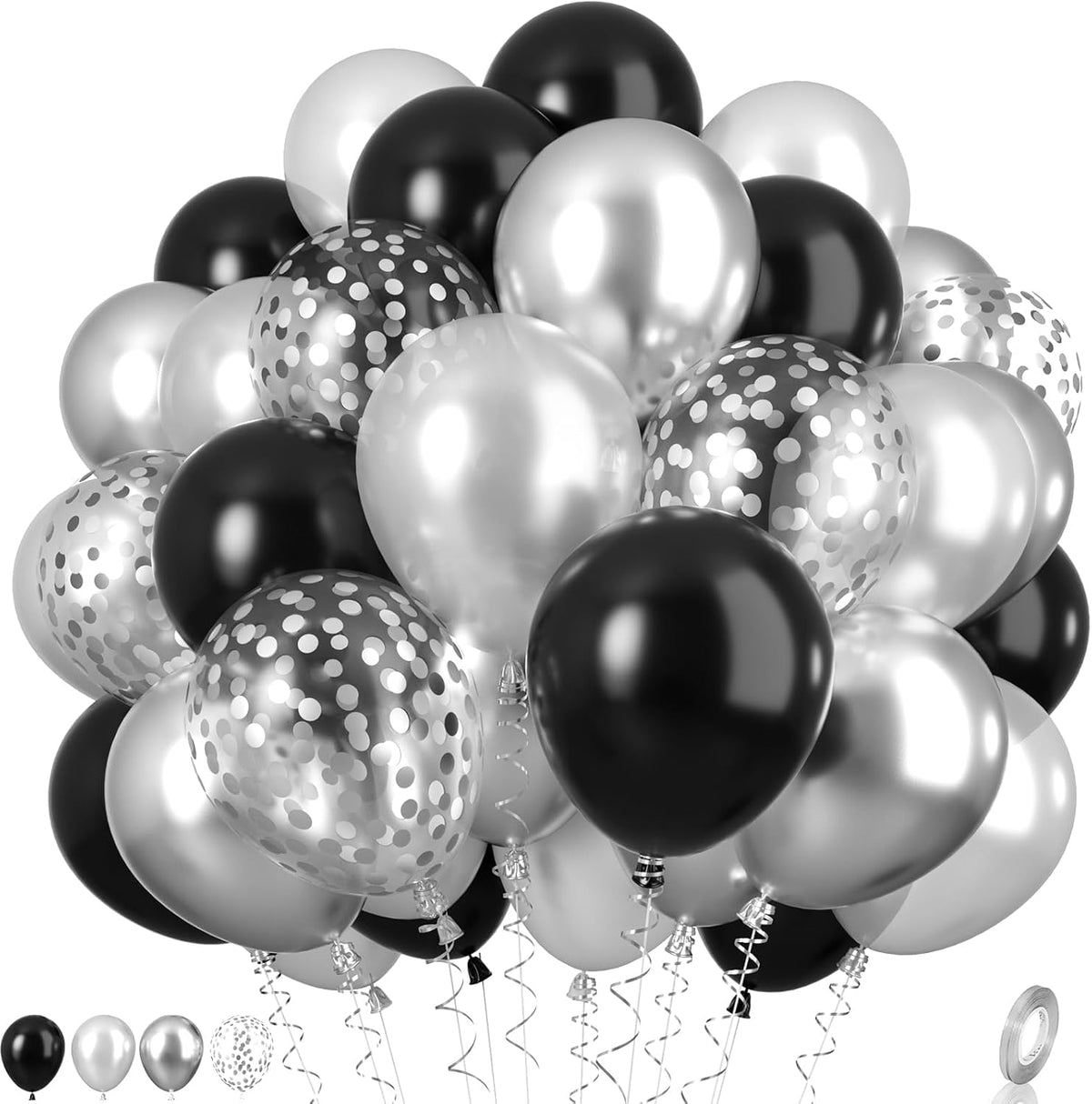 Black and Silver Balloons, Metallic Silver and Black Balloons Pearl Silver Confetti Balloons Party