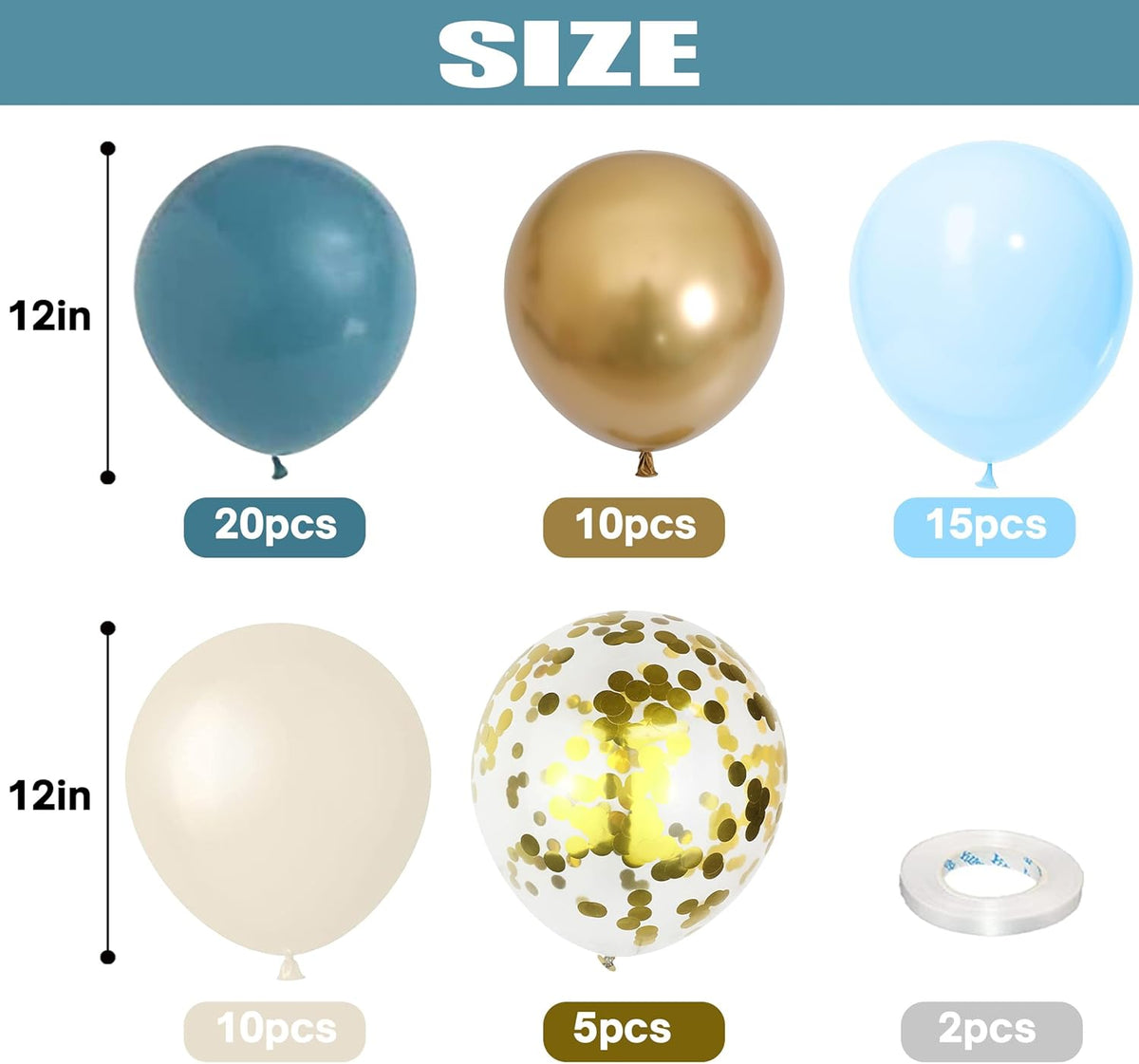 Togvu Dusty Blue Balloon Set, 60 Packs 12 Inches Metallic Chrome Gold Macaron Ocean White Sand