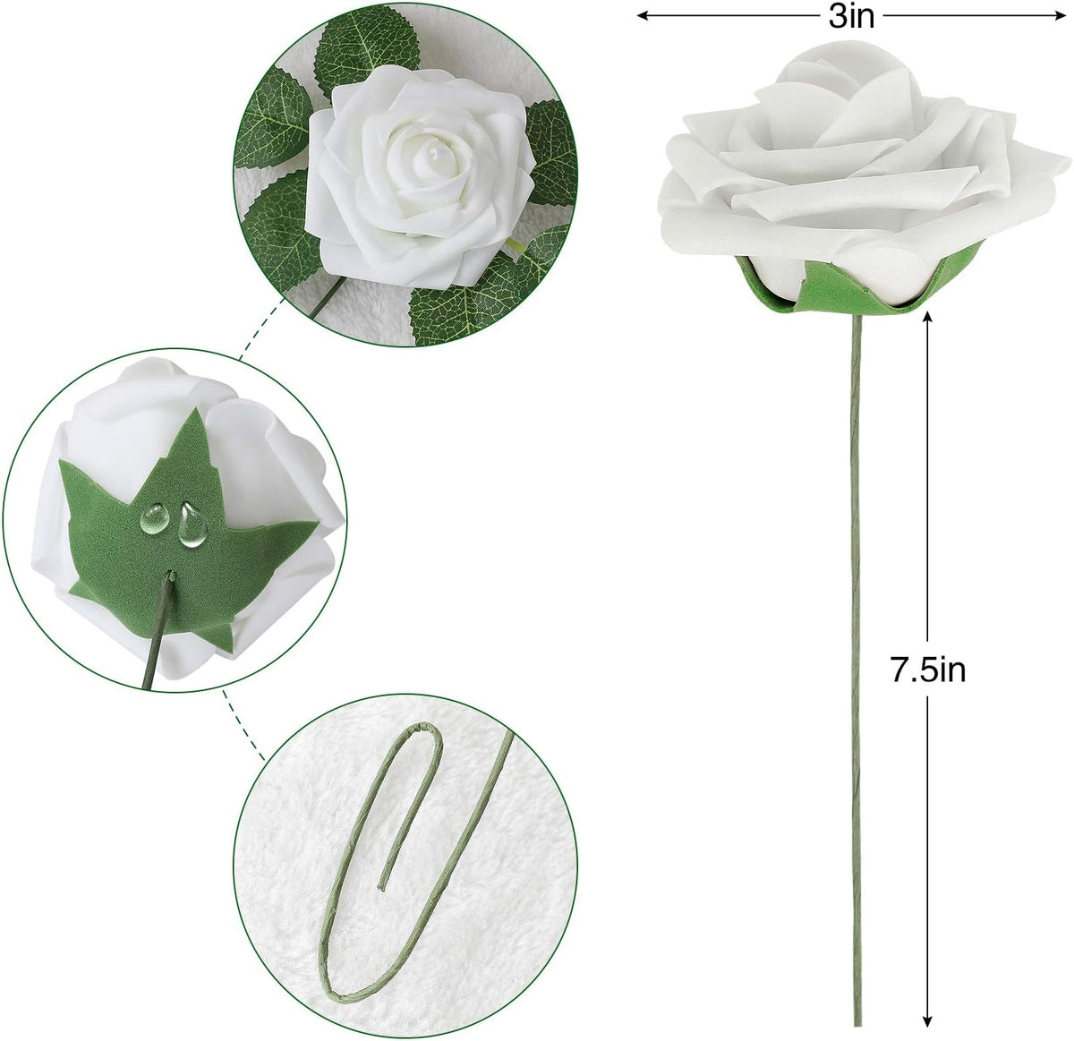 AmyHomie Artificial Flower White Rose 25pcs Real Looking Fake Roses w/Stem for DIY Wedding Bouquets