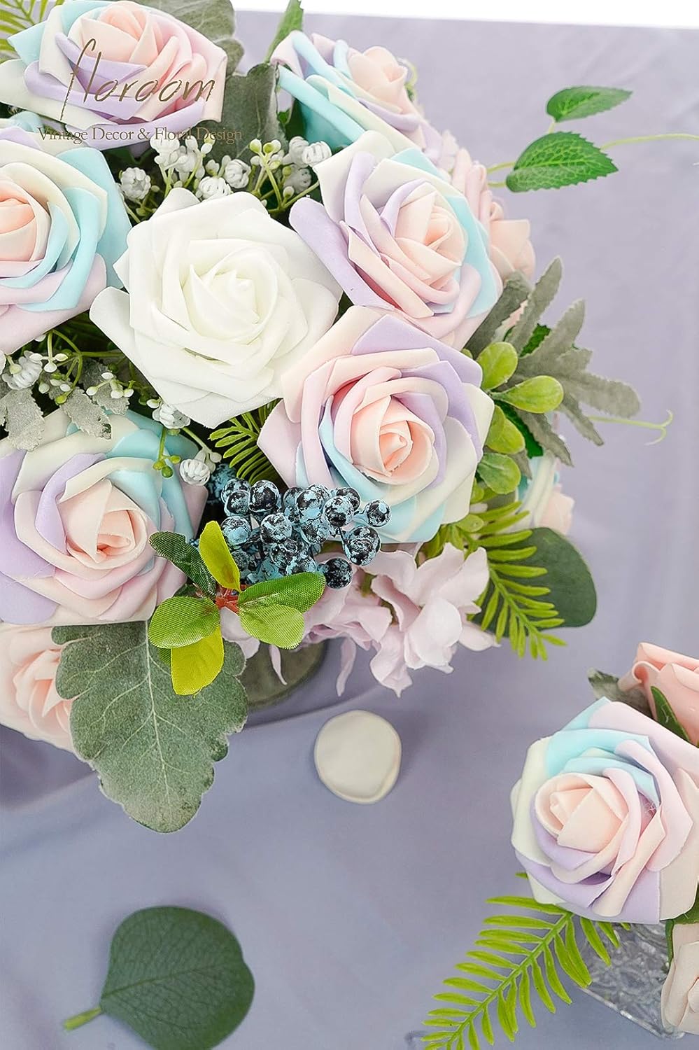 Floroom Artificial Flowers 25pcs Real Looking Whimsical Blush Foam Fake Roses with Stems for DIY