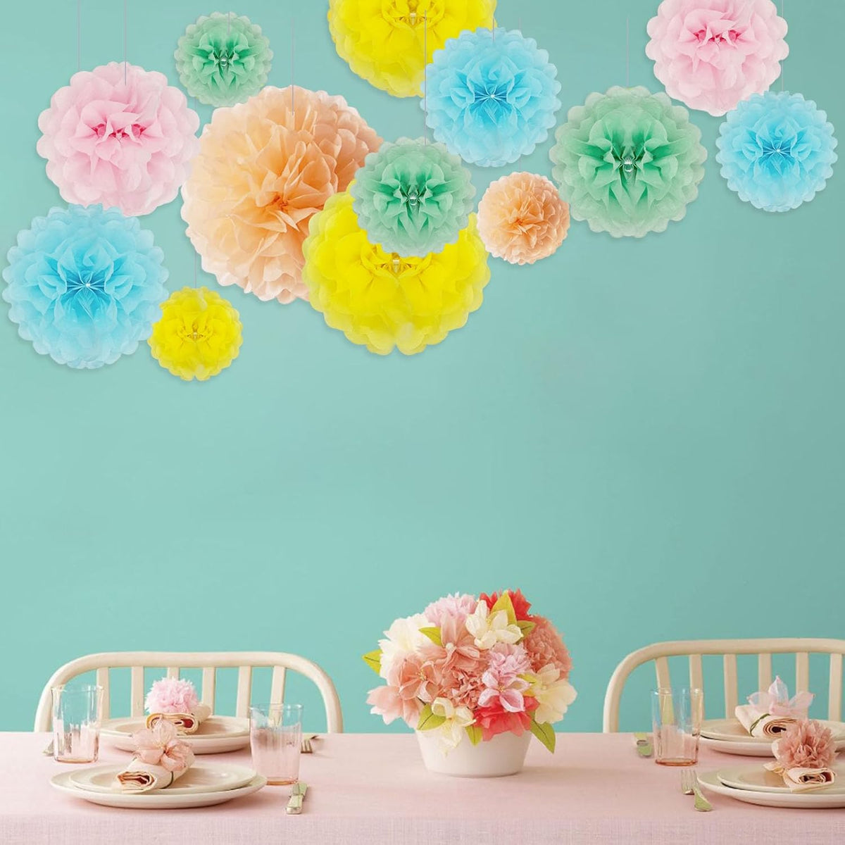 Tissue Paper Pom Poms, Light Colorful Tissue Paper Flowers, Hanging Flower Balls for Easter