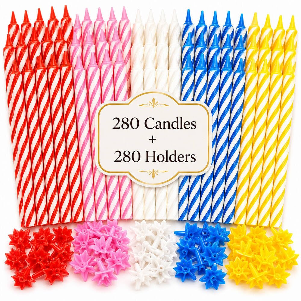 Cwise 280-Count Birthday Candles Bulk Pack with Holders – Spiral Cake & Cupcake Candles