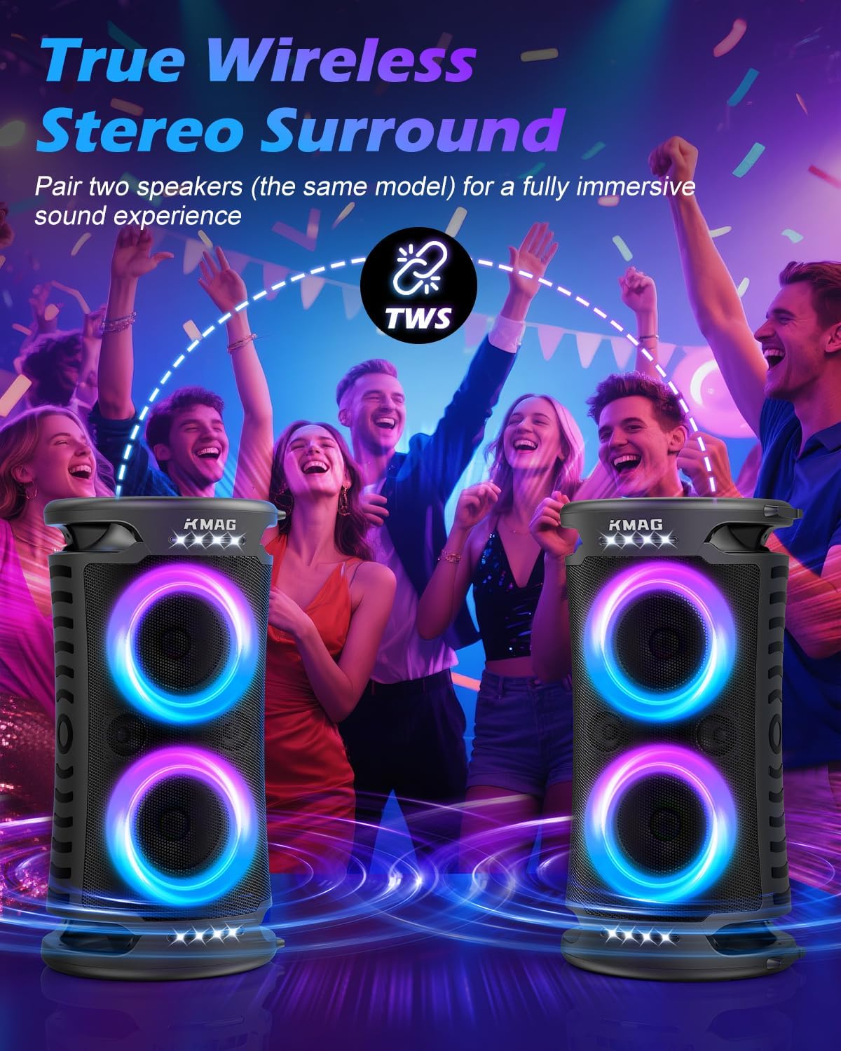 Large Bluetooth Speaker, 260W Peak Powerful Loud Sound with Deep Bass, 15Hr Playtime, Fast Charge