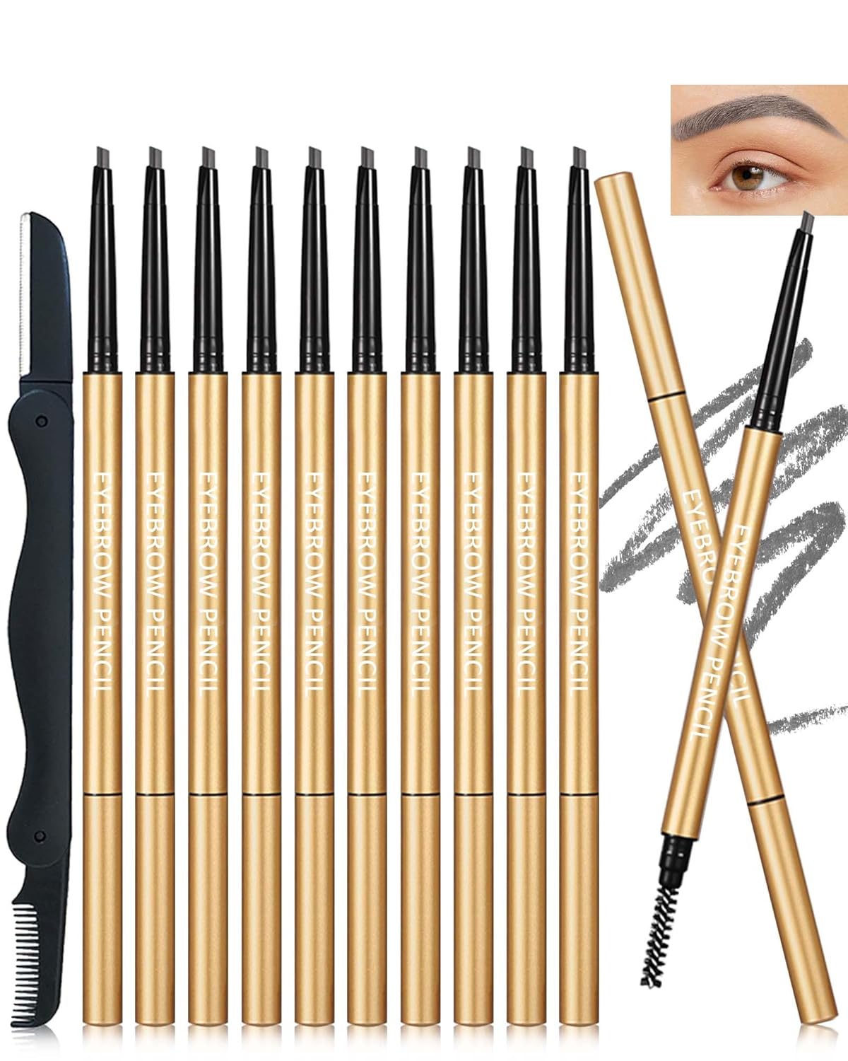 Eyebrow Pencil, 12Pcs Grey Ultra-Fine Retractable Eye Brow Pencil,Long-Lasting Waterproof Eyebrow