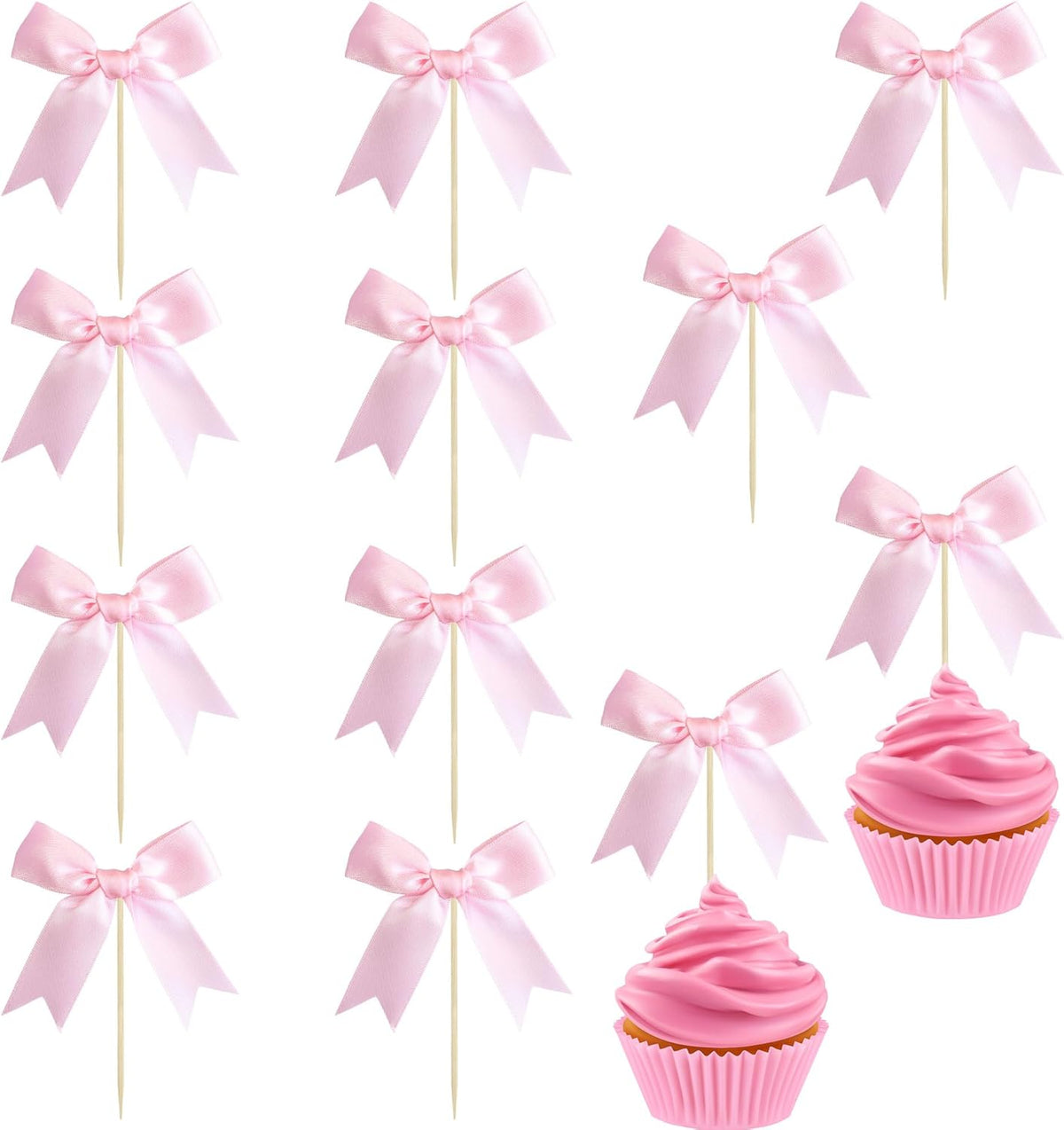 Ephlyn 24Pcs Pink Bow Cupcake Toppers Bow Cake Topper Birthday Decorations Mini Bowknot Cupcake